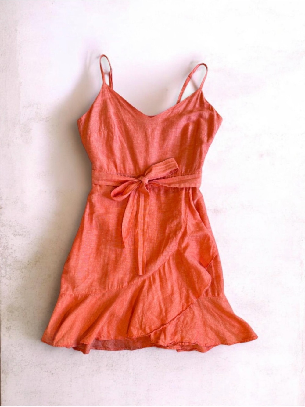 Banana Republic Coral Linen Blend Faux Wrap Ruffle Mini Dress 2P